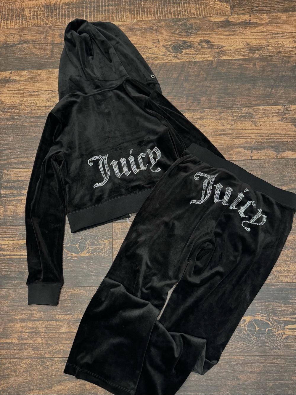 Juicy Couture Black Velour Rhinestone Logo Hooded Tracksuit